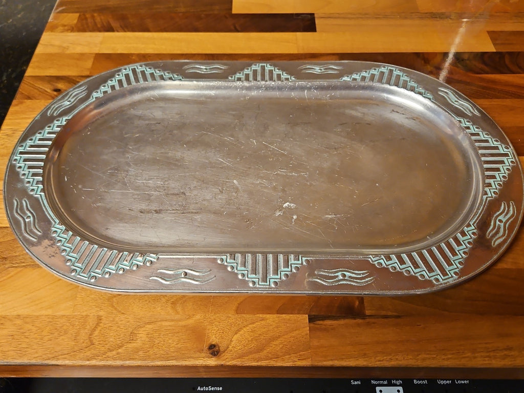 Vintage Wilton Armetale Zia Turquoise Southwestern Oval Serving Platter  18.5"