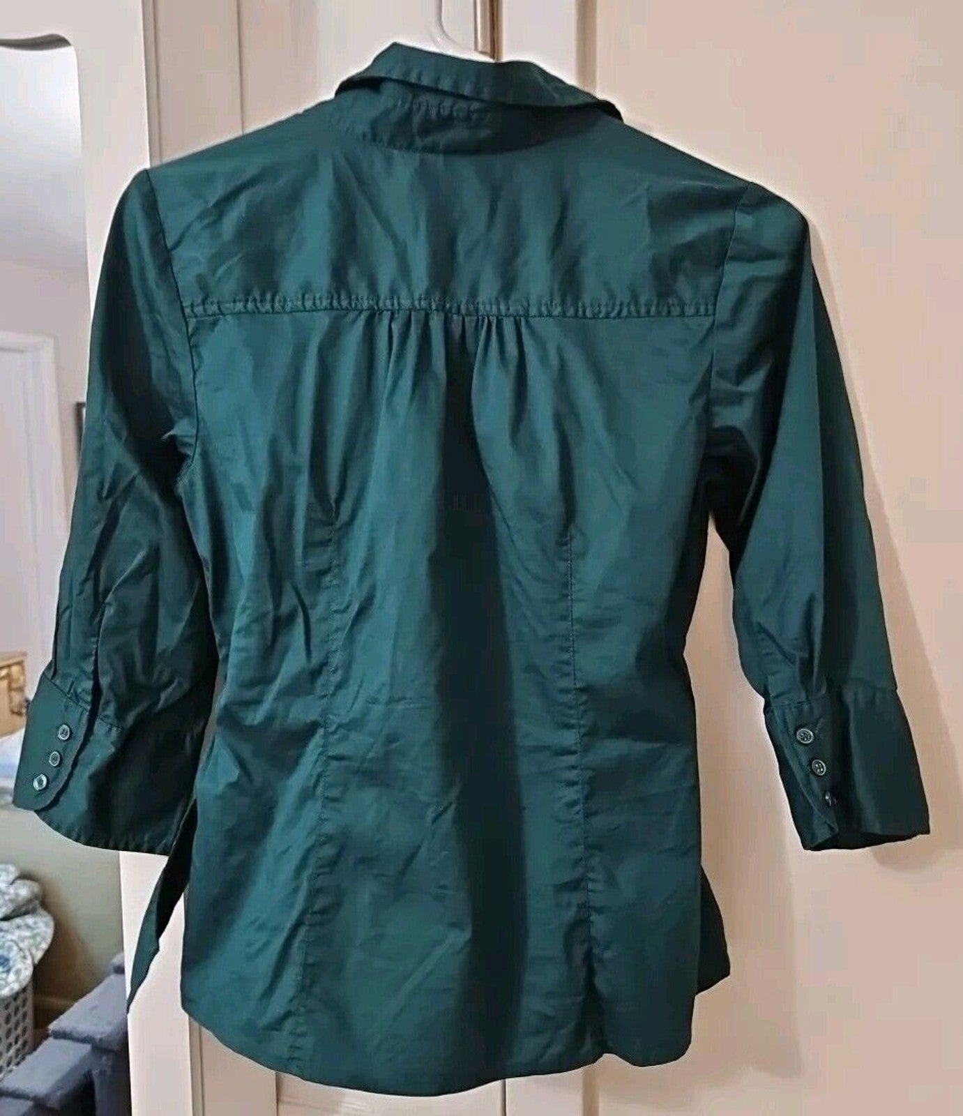 H & M Women's Side Tie Rouched Neck Blouse Size 4 Forest Green 3/4 Sleeve