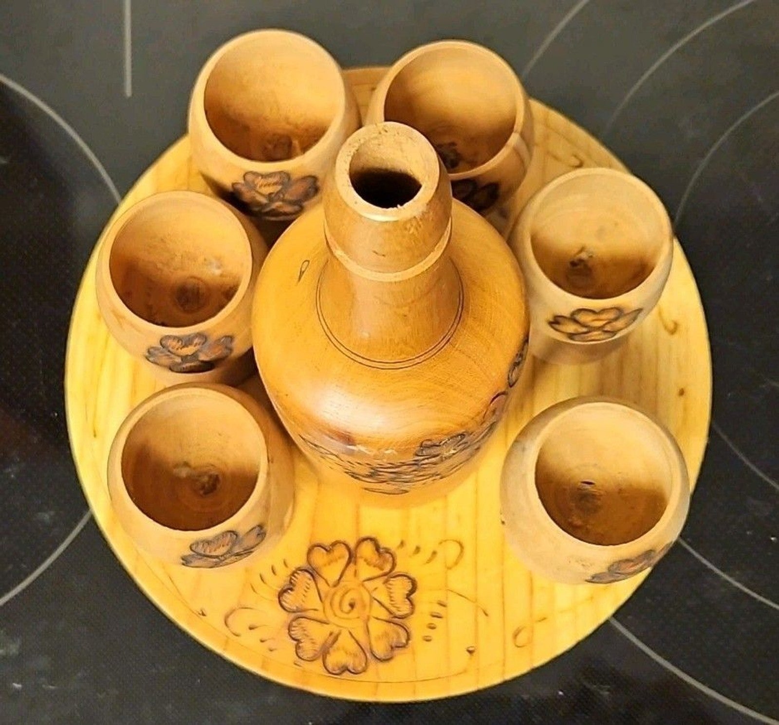 Vintage Burnt Wooden Pyrography Folk Art Decanter w\ Small Platter and 6 Goblets