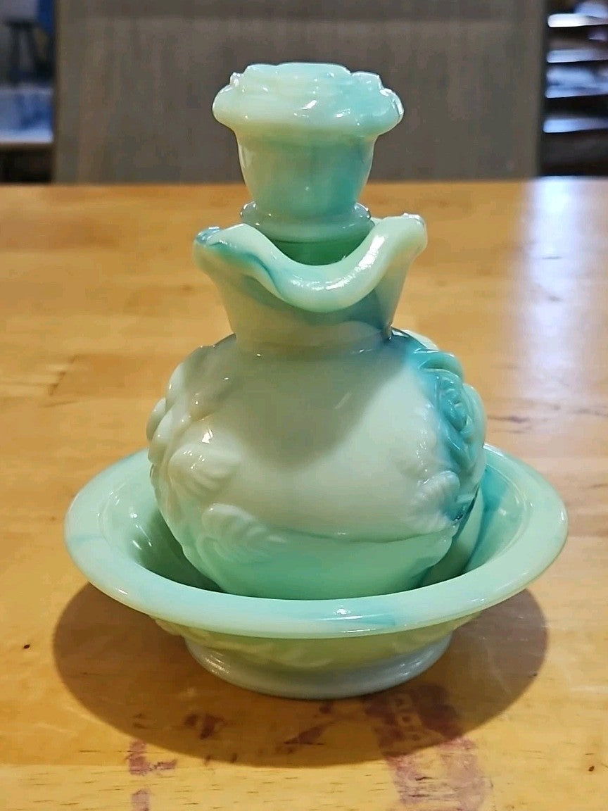 Vintage Avon Moonwind Oil Green Swirl Milk Glass Pitcher With Stopper and Basin