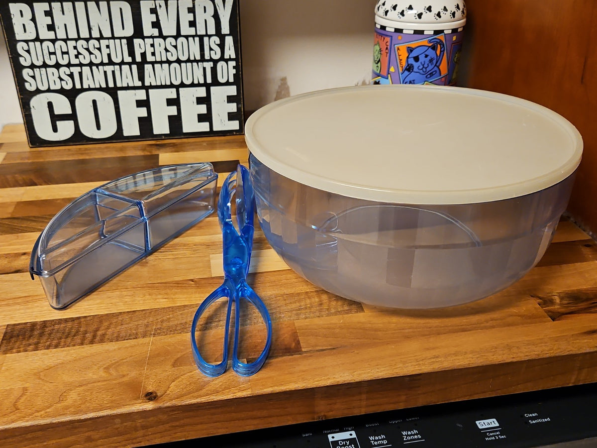 Vintage Tupperware Preludio Watercolor Blue Acrylic 3 Pc Salad Serving Set +Tong