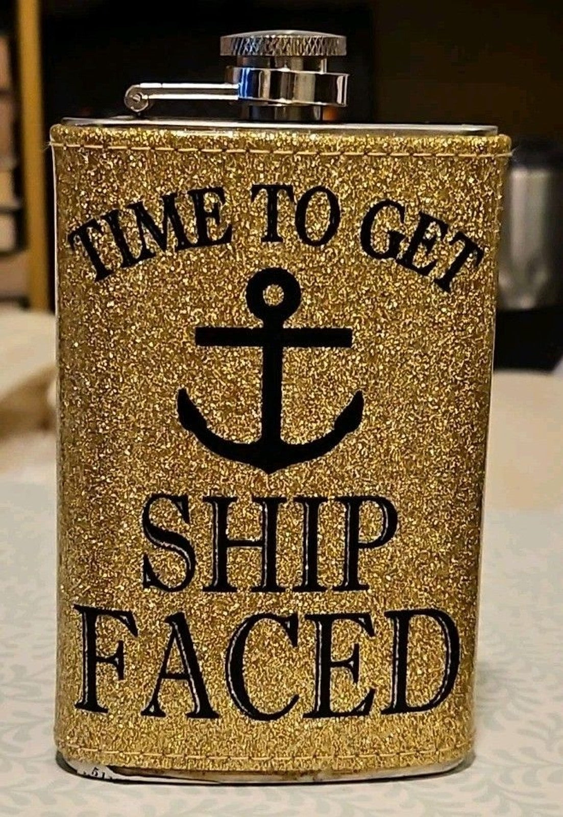 5oz "Time To Get Ship Faced" Stainless Steel Drink Flask Gold Glitter
