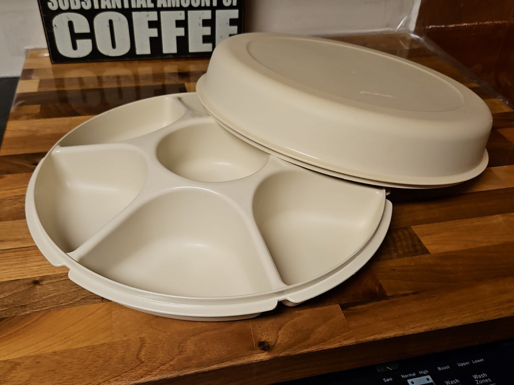 Tupperware Divided Serving Tray 1665-3 Almond With Lid & Dip Bowl 2 pc set