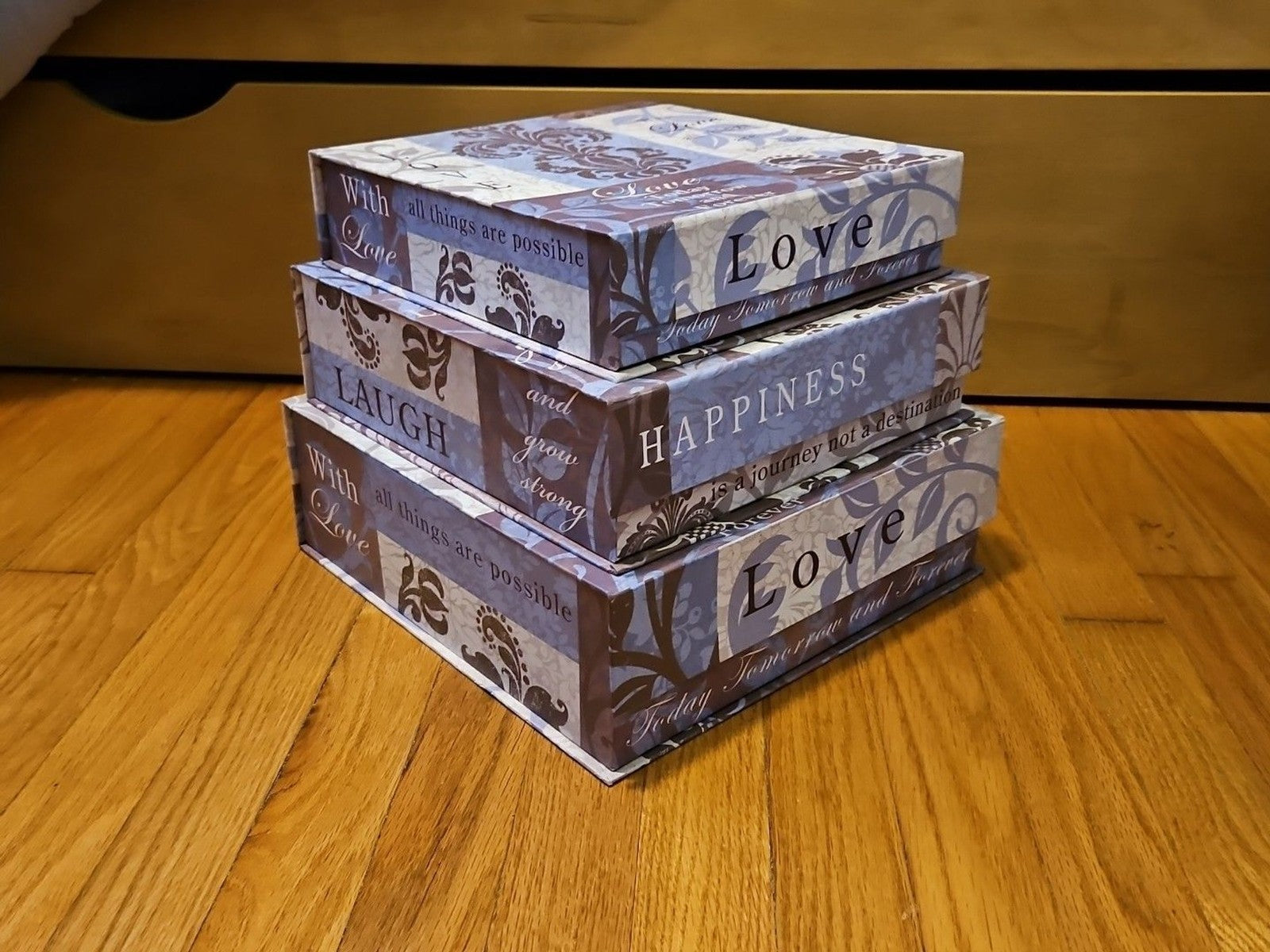 Elegant 3 Pc Nesting Storage Box Set Purple Fleur De Lis Love Laugh Happiness