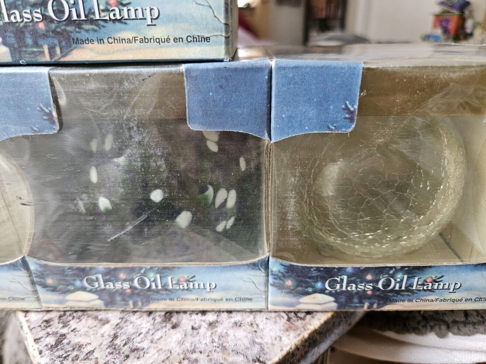 NIB 6 Traditions Hand Blown Glass Oil Lamp Set Round White Blue Green Clear Lot