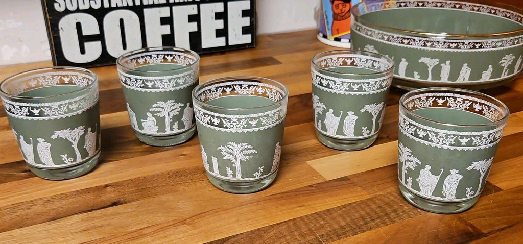 Vintage MCM Jeannette Glass Hellenic Green Grecian Serving Bowl With 5 Tumblers