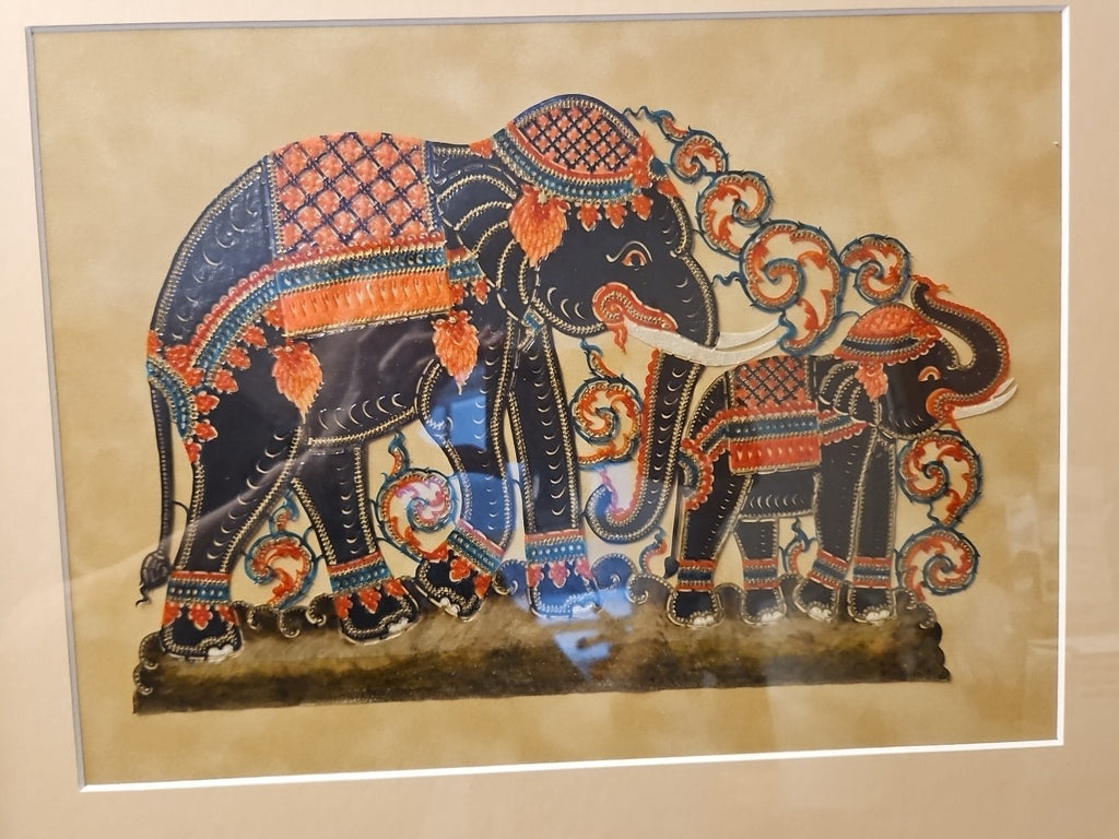 Framed Hand Carved Thai Elephant Hammered Painted Leather Nang Taloong 19.5"x16"