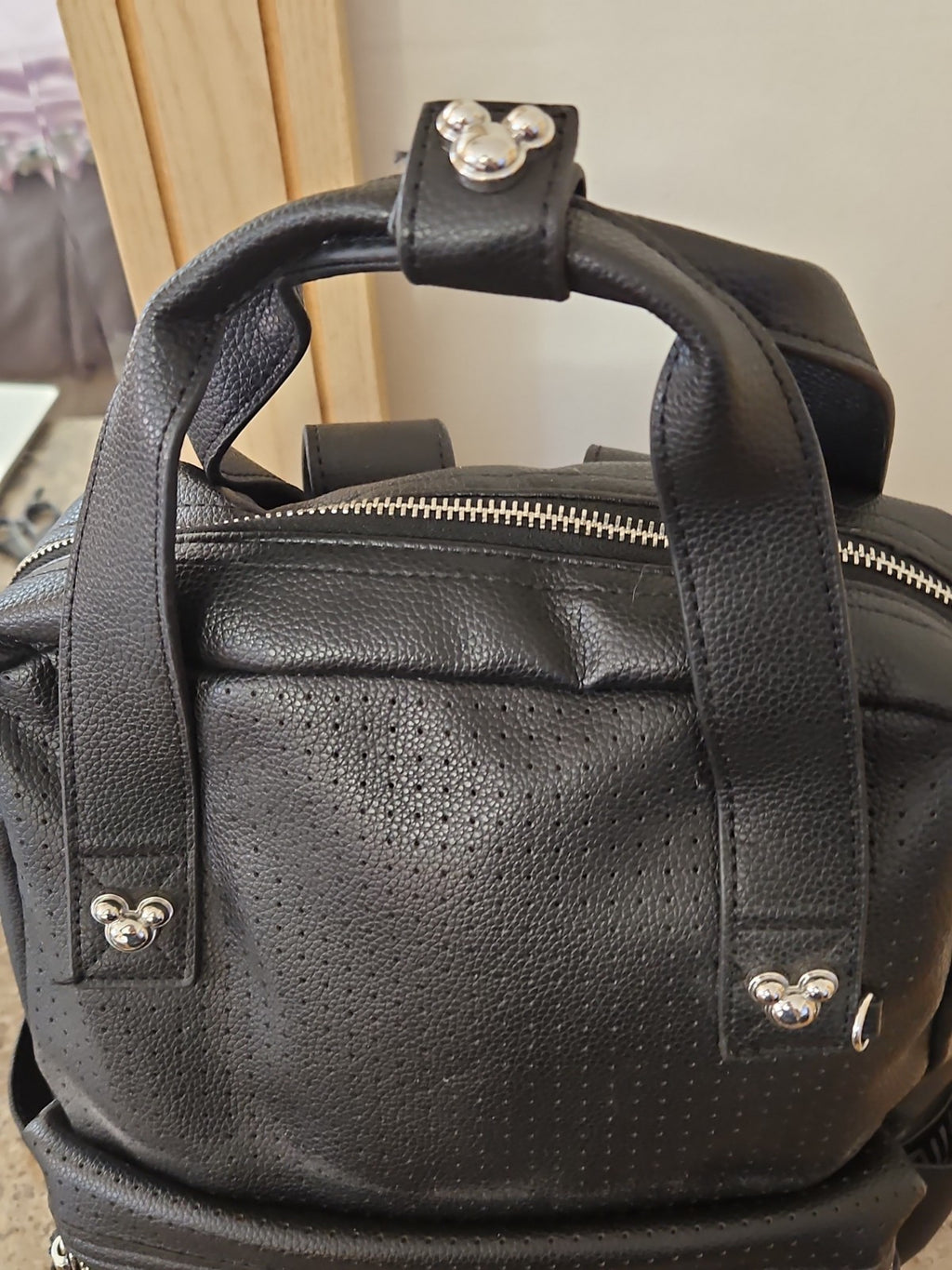 Disney Mickey Mouse Icon Flair Pin Black Faux Leather Backpack Retired Style