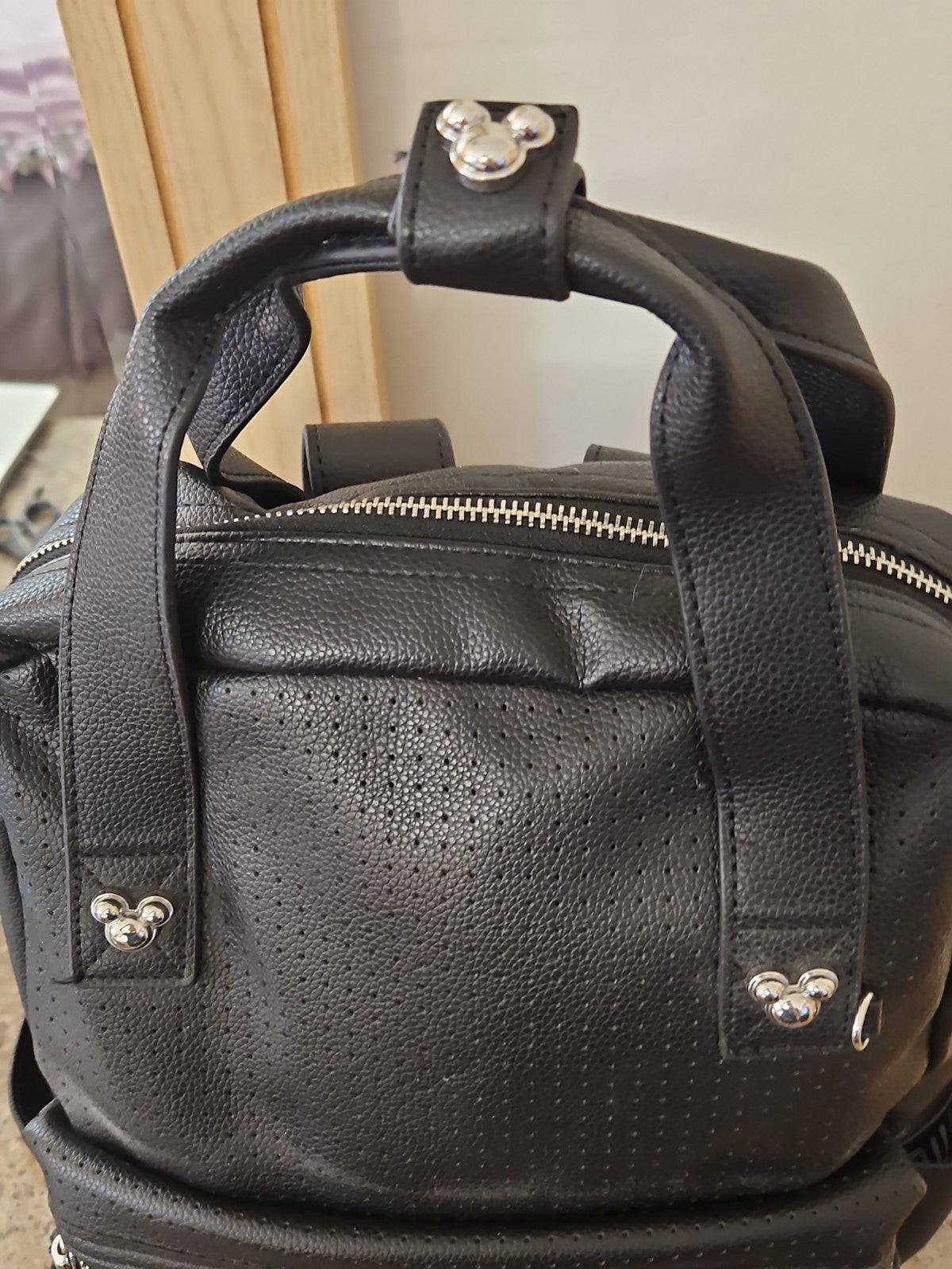 Disney Mickey Mouse Icon Flair Pin Black Faux Leather Backpack Retired Style
