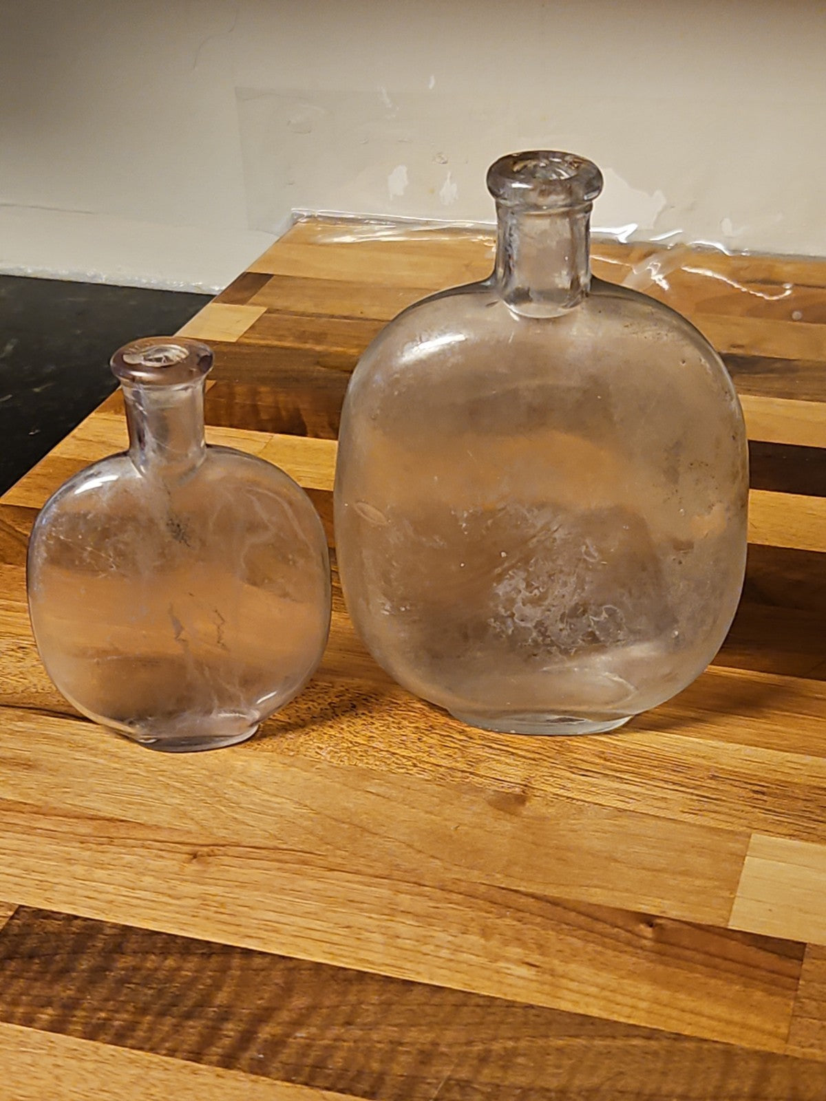 Set Of 2 Antique Blown Glass Pumpkin Seed Flasks 1 Pt & 1/2 Pt Purple Grey Tint