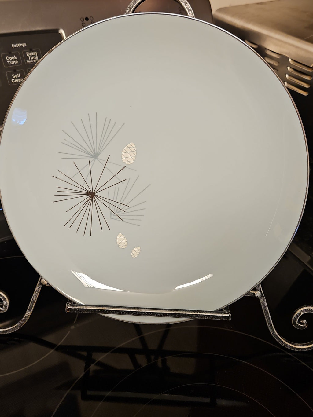 Set Of 8 Vintage MCM Franciscan Silver Pine Dinner Plates 10.5" Platinum Rim