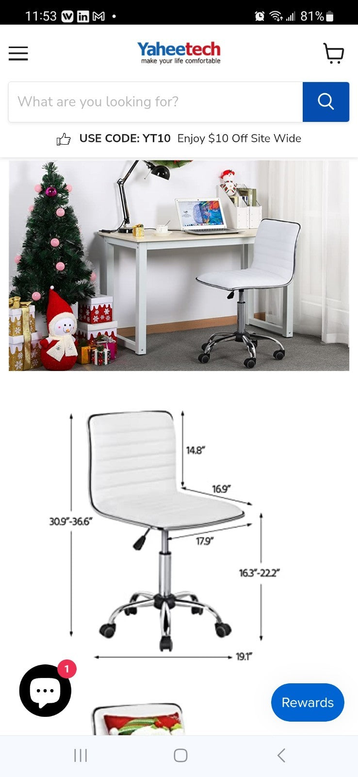 NIB Yaheetech White Faux Leather Office Desk Swivel Chair 16" - 22" Adj Height