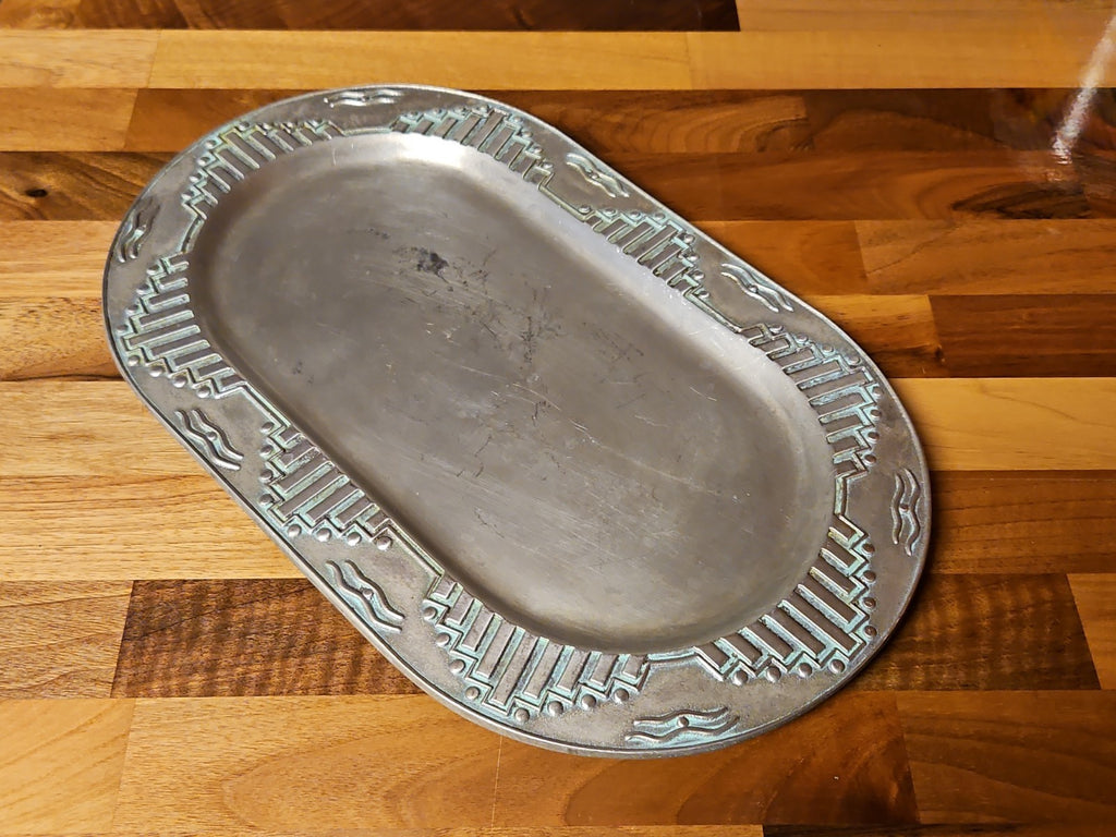 Vintage Wilton Armetale Zia Turquoise Southwestern Oval Serving Platter  12”