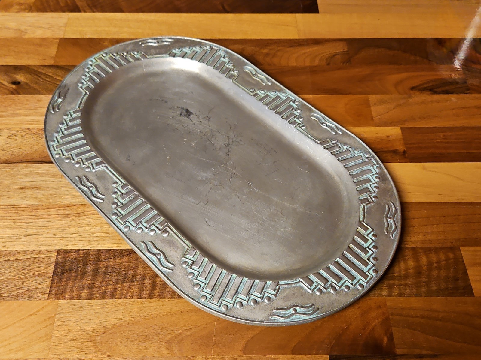 Vintage Wilton Armetale Zia Turquoise Southwestern Oval Serving Platter  12”