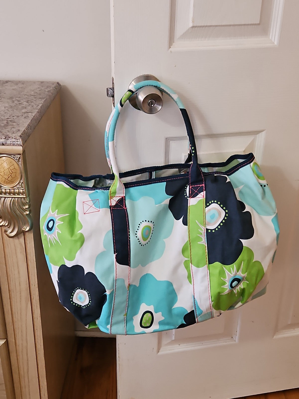 Thirty One Pleated Top Beach Tote 129 Newport Bloom Blue Green Cream 20x13x5"