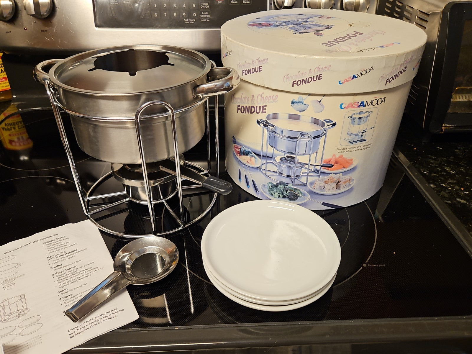 Casa Moda Buffet Stainless Steel Fondue Set Chocolate & Cheese 3 Plates No Forks