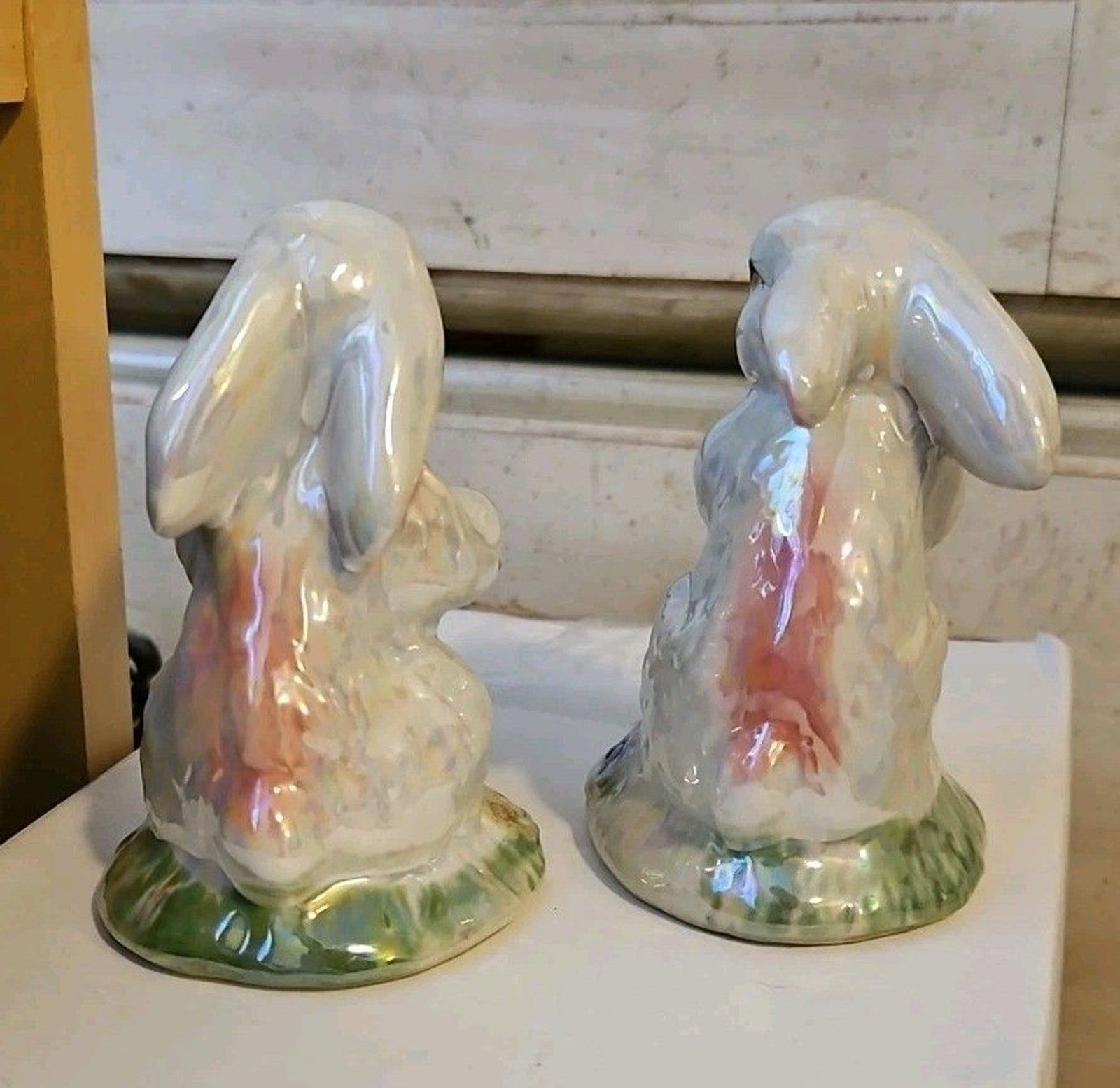Set Of 2 Iridescent Easter Bunny Ceramic Figurines, Beautiful!