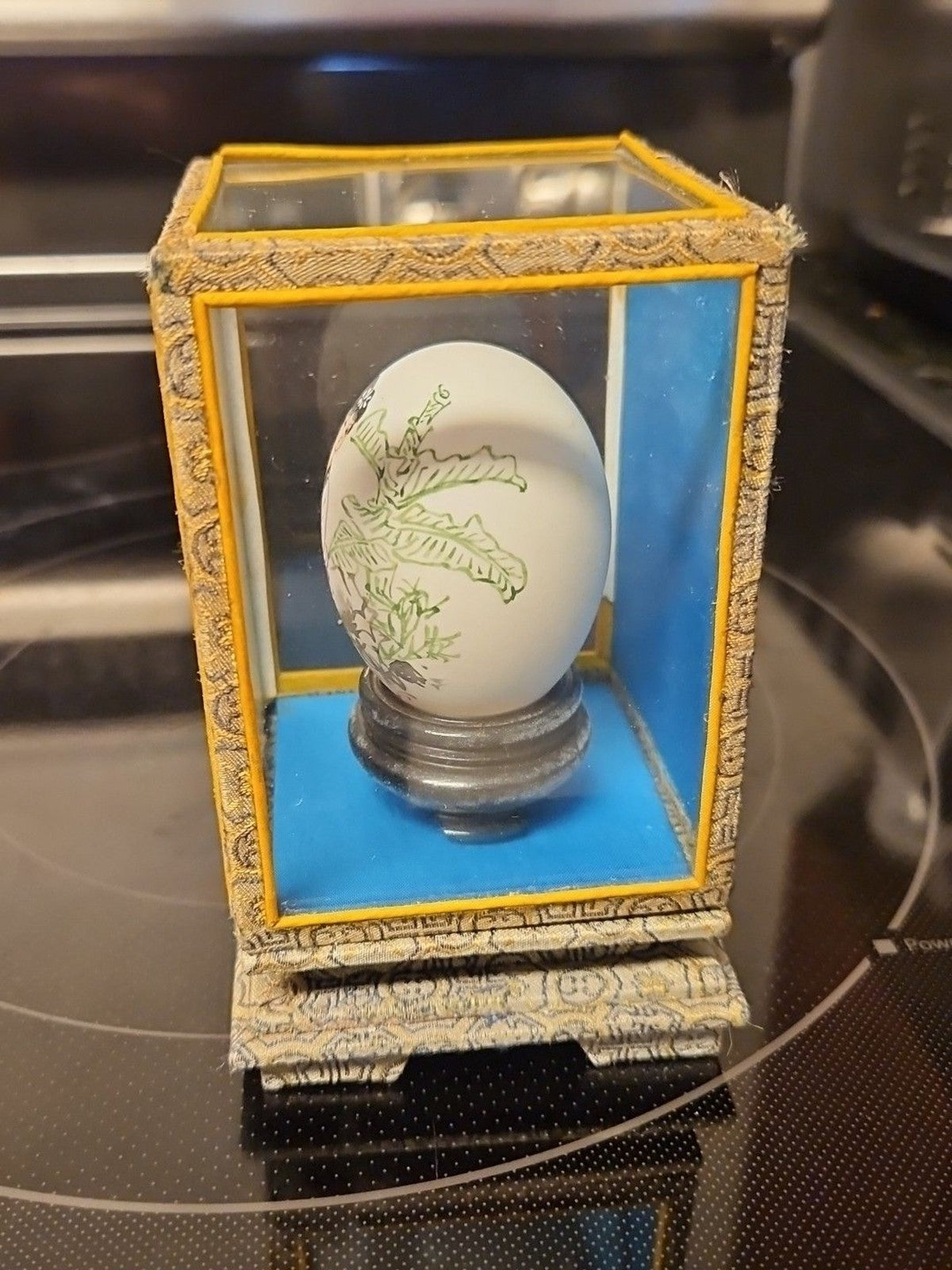 Vintage Chinese Art Hand Painted Egg Shell Woman With Fan Encased In Box 3"x5"