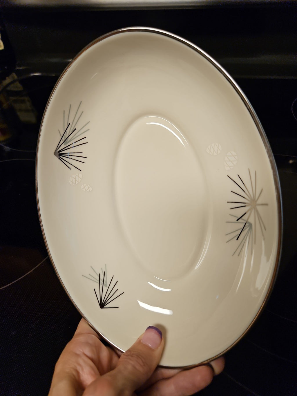 Vintage MCM Franciscan Silver Pine Atomic Pine Cones Oval Serving Bowl 8.75" EUC