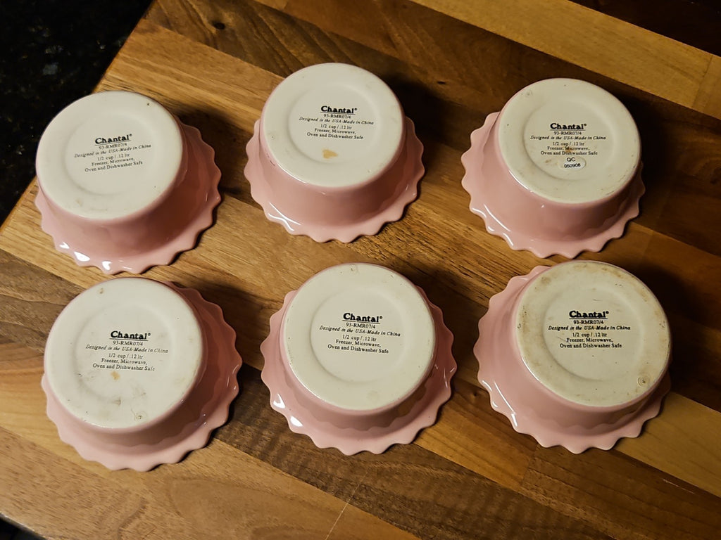 Set of 6 Vintage Chantal Pink Ceramic Fluted Ramekins Scalloped Edge 1/2 Cup