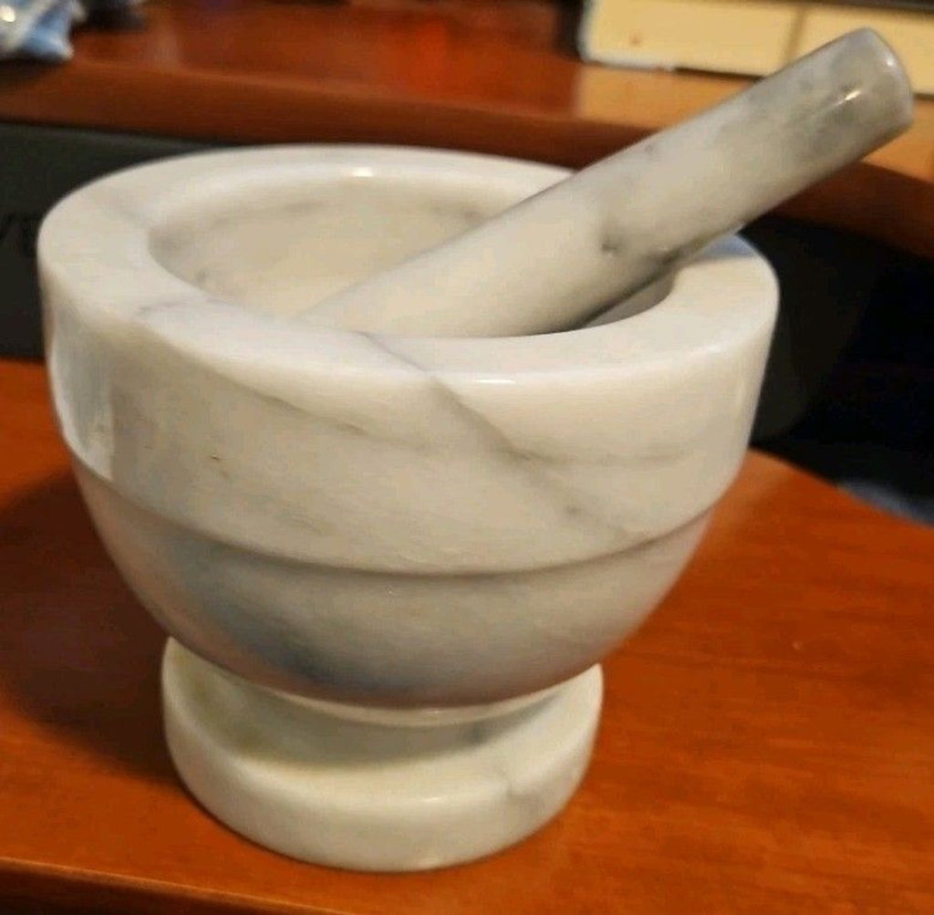 Elegant Vintage 90's White & Grey Marble Mortar & Pestle 5" X 4.25"