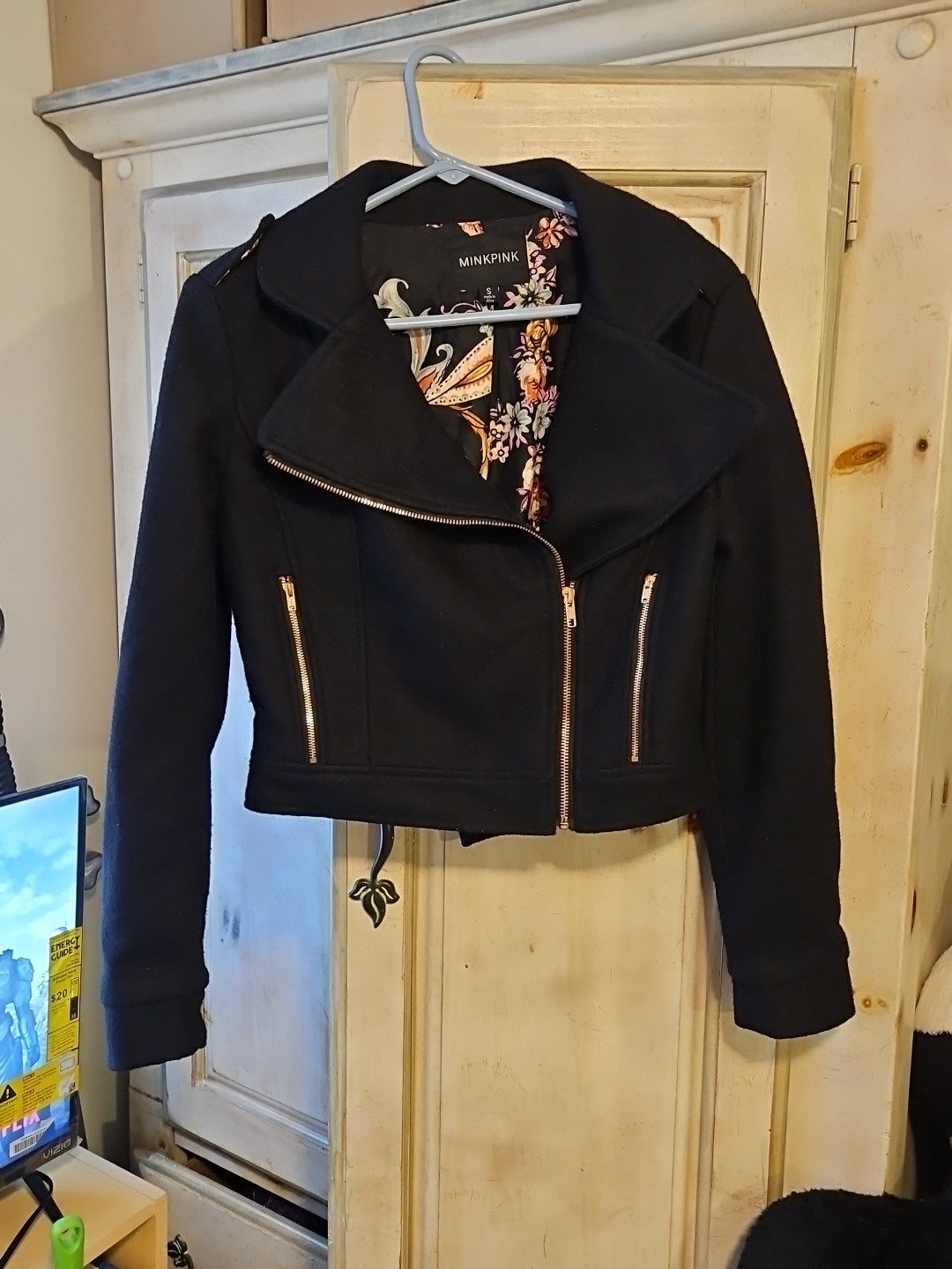 MinkPink Women’s Sz S Black Wool Blend Motorcycle Jacket Rose Gold Zipper Detail