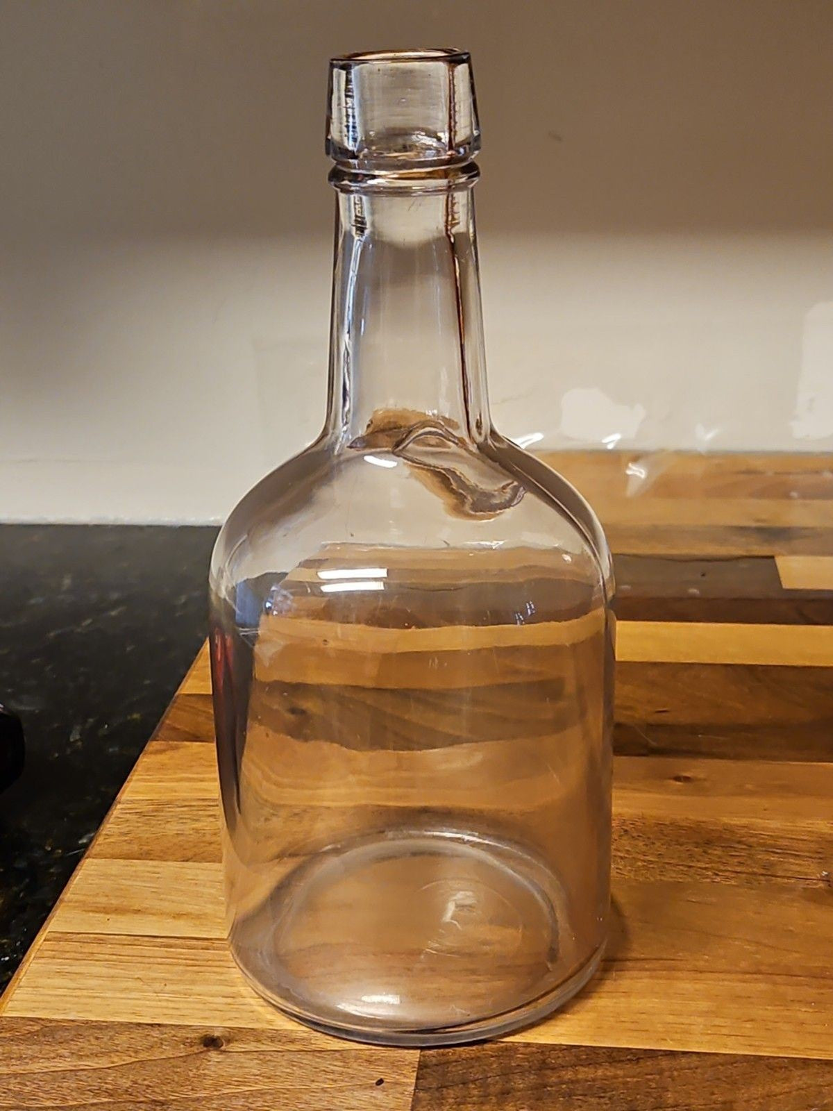 Antique 1890's Clear Glass Blown Liquor Bottle 9" Manganese Purple Grey Tint