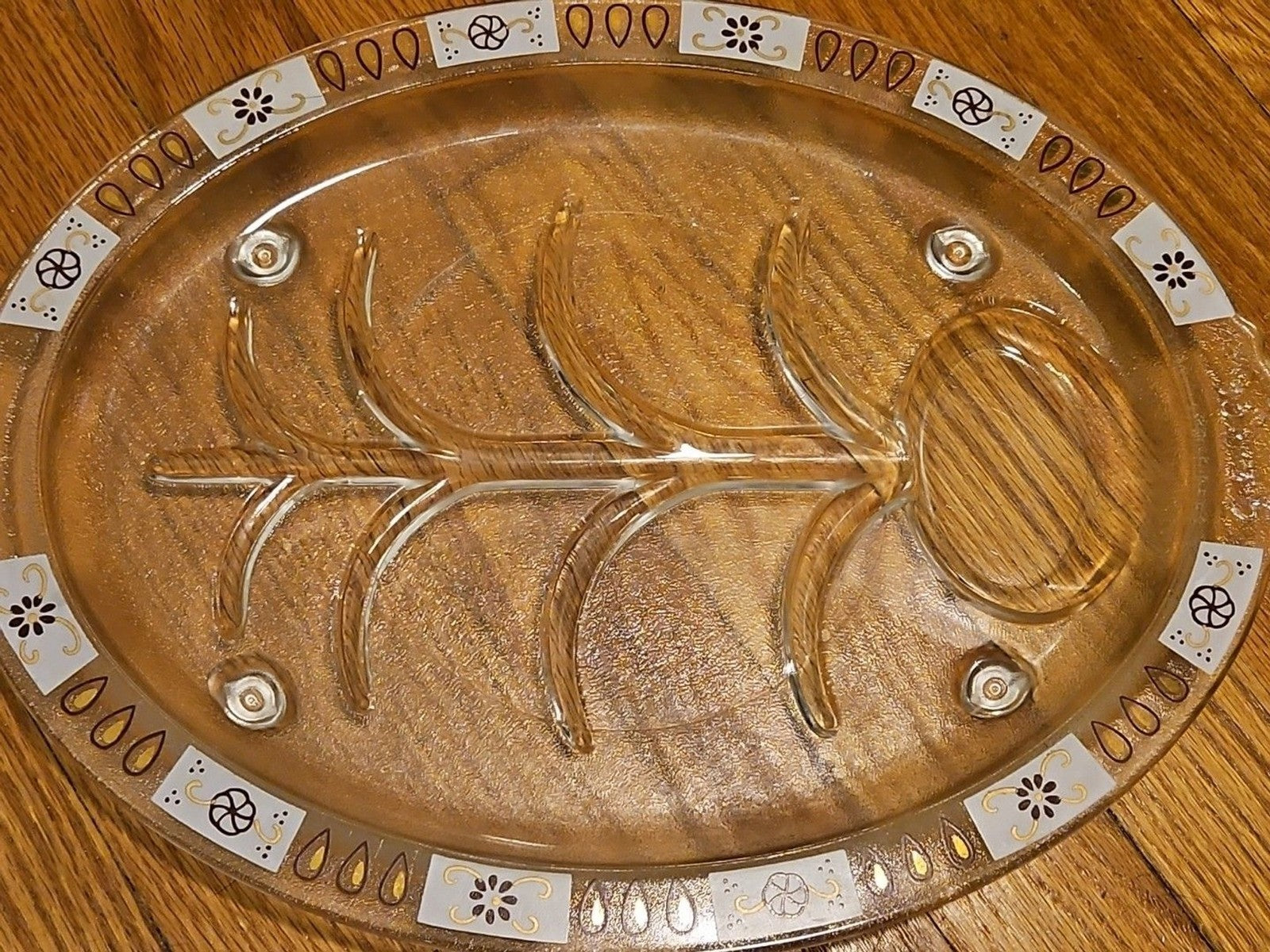 Vintage MCM Inland Glass Serving Dish Meat Platter Atomic Sputnik Floral Pattern