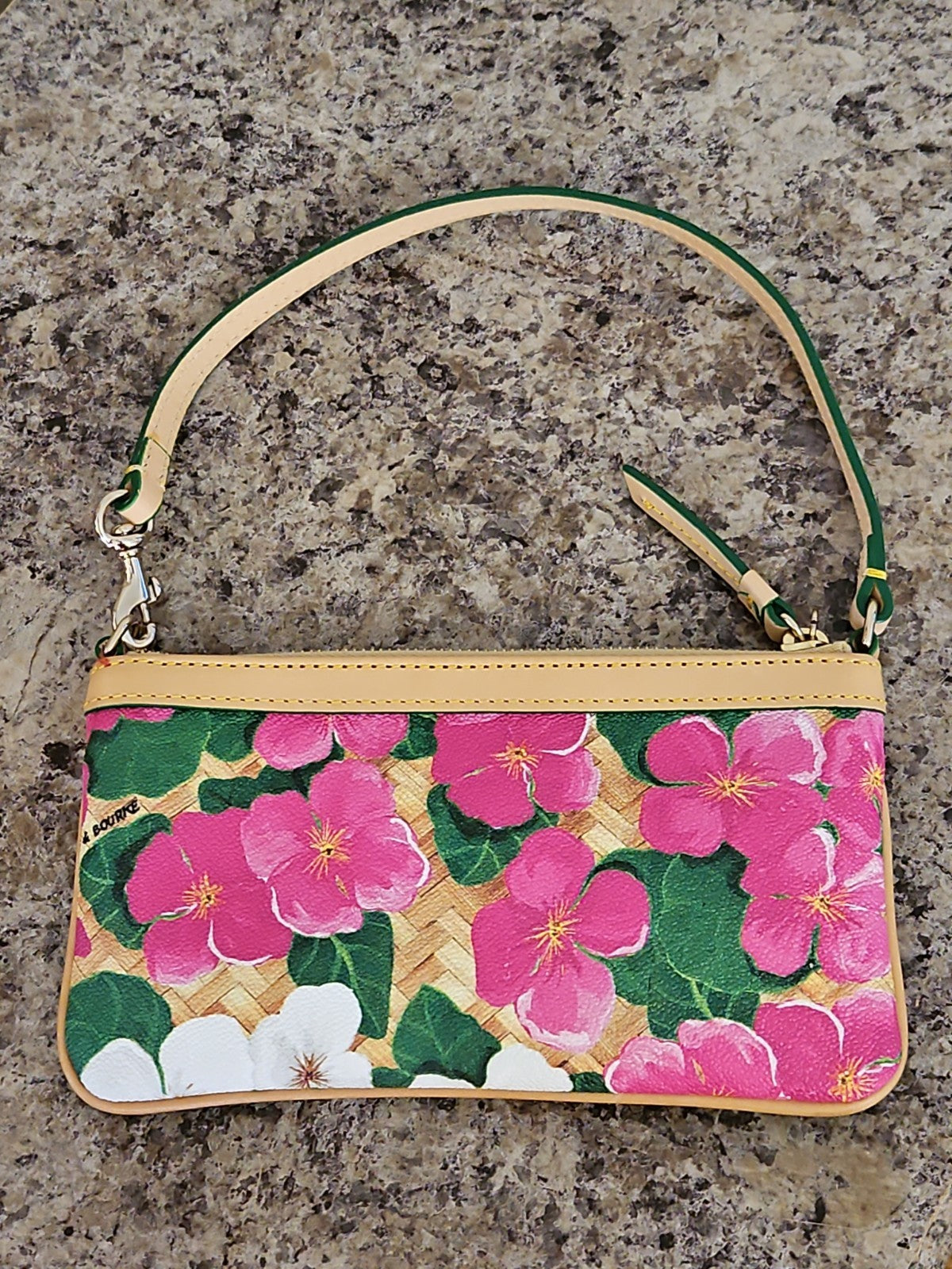 Dooney & Bourke Pink And White Tropical Pansies & Hibiscus Basketweave Wristlet