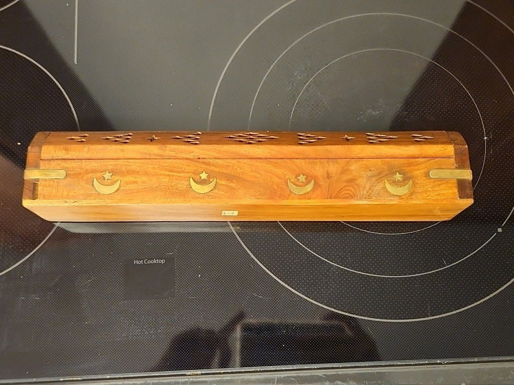 Vintage Wooden Incense Holder Brass Inlaid Stars & Moon w/ Hidden Compartment