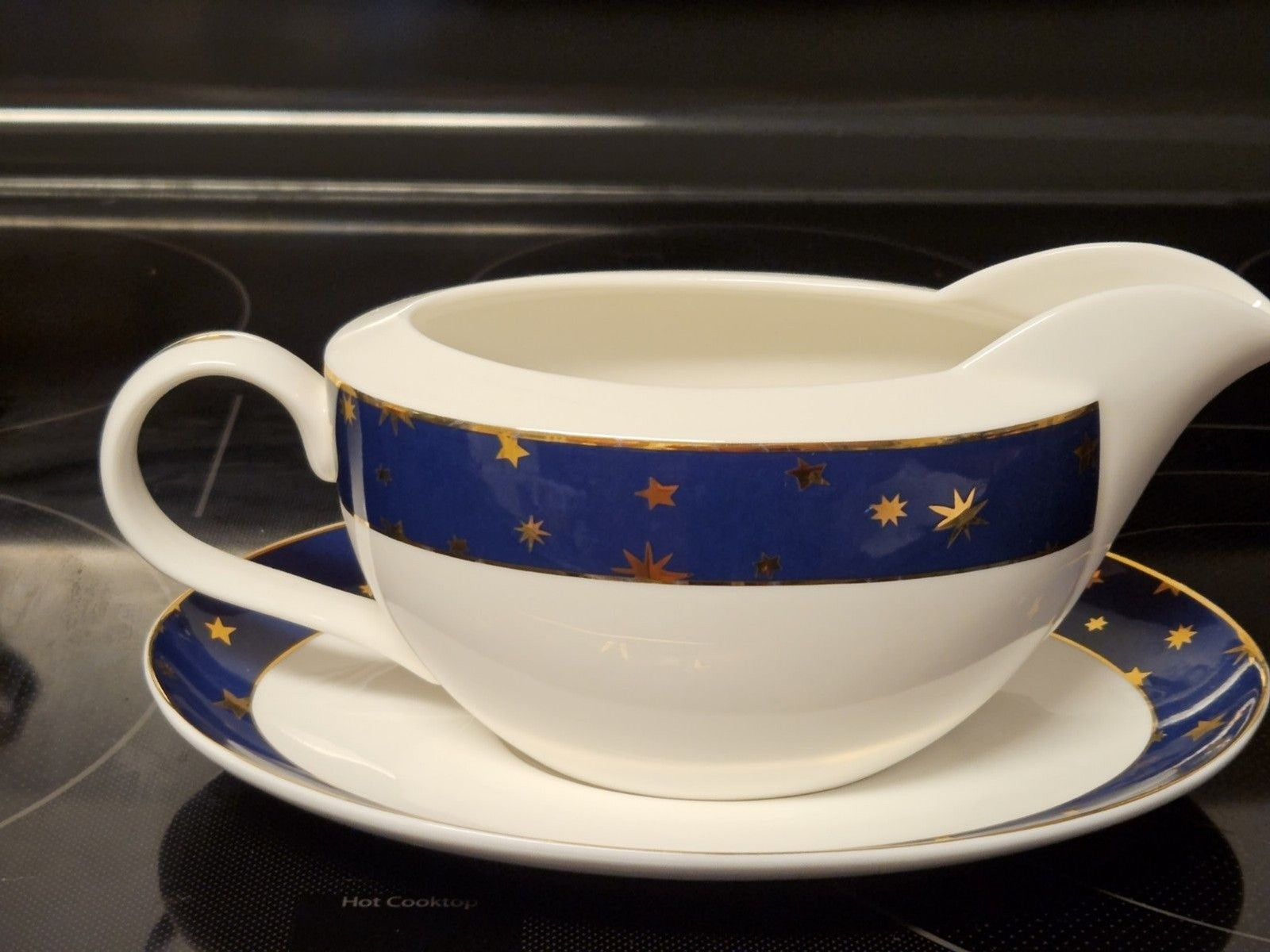 Galaxy By Sakura Gravy Boat & Saucer Celestial Blue Gold Stars Porcelain