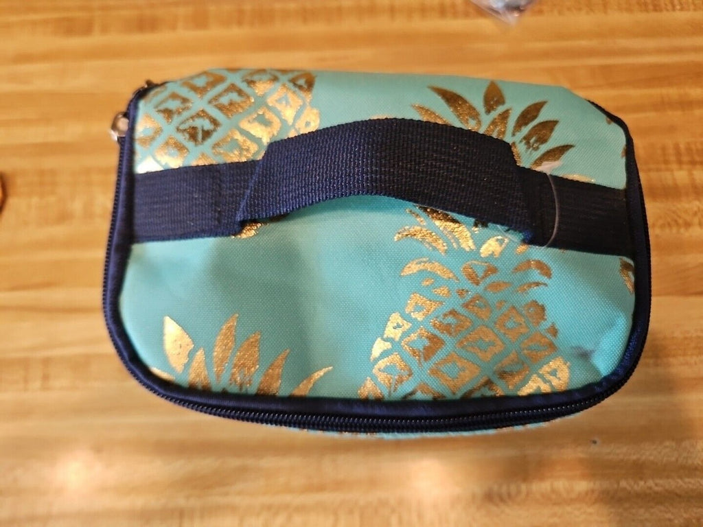 Cosmetic Case Canvas NGIL Teal with gold Pineapples, Navy Accents, Never Used