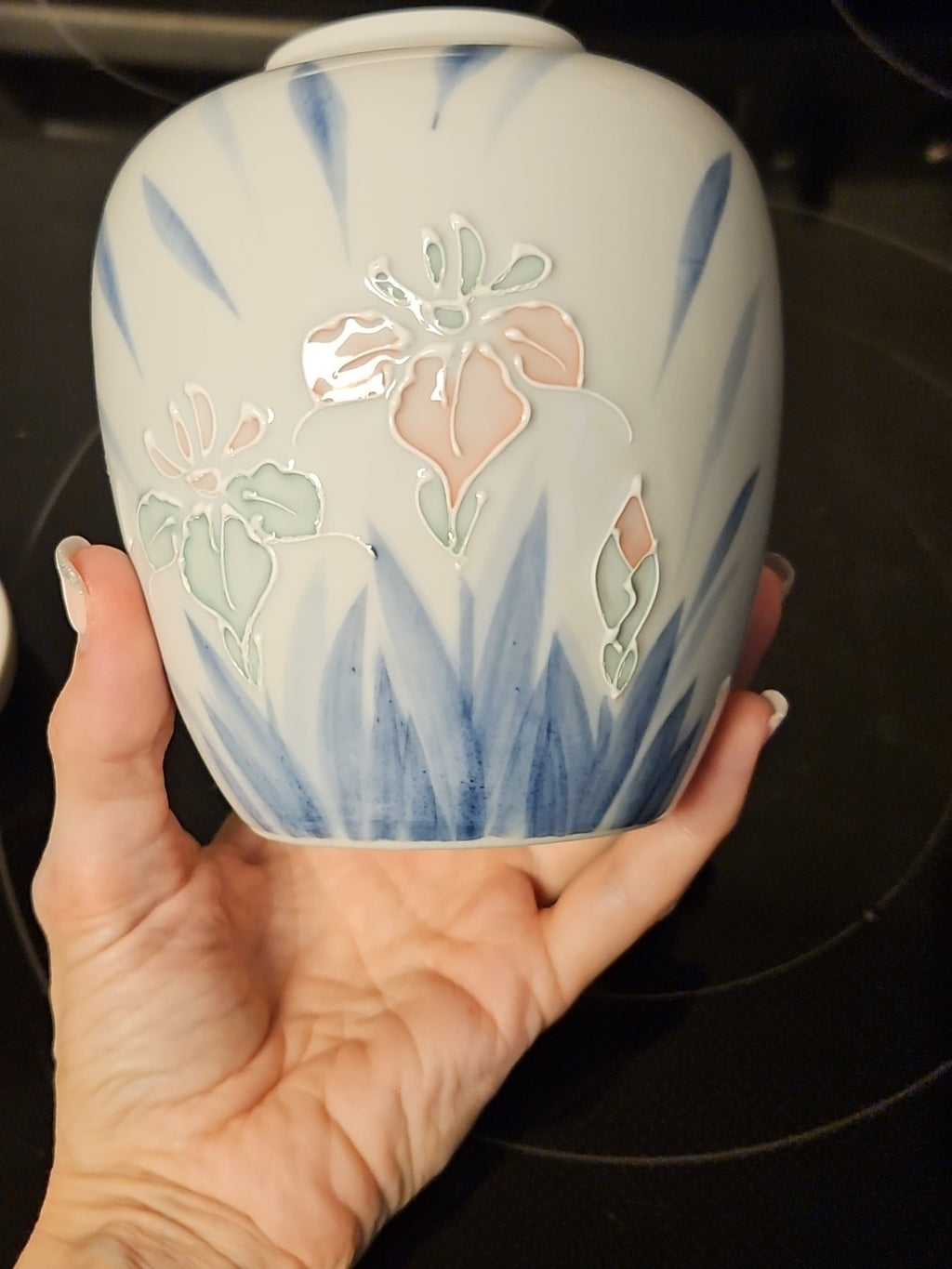 Vintage Chinoiserie Ginger Jar W/ Lid White & Blue W/ Pink Flowers Raised Detail
