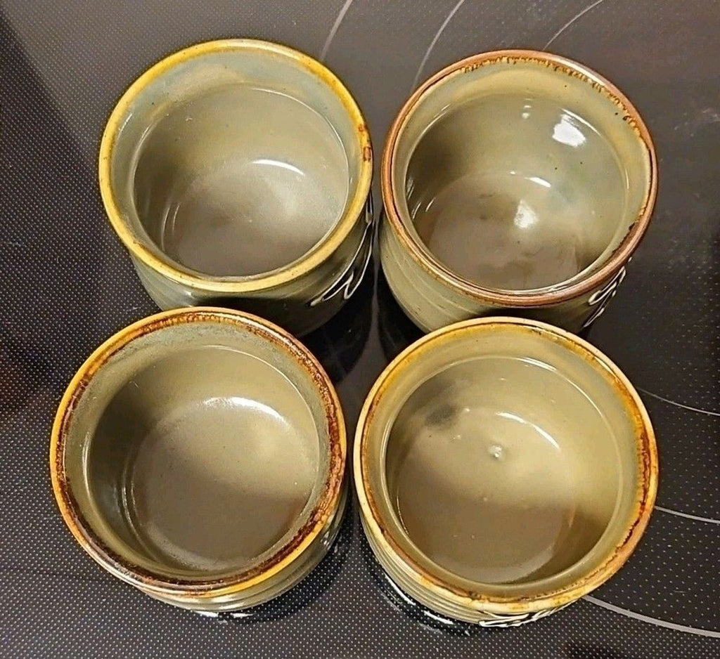 Set Of 4 Glazed Stoneware Japanese Lettered Sake or Tea Cups