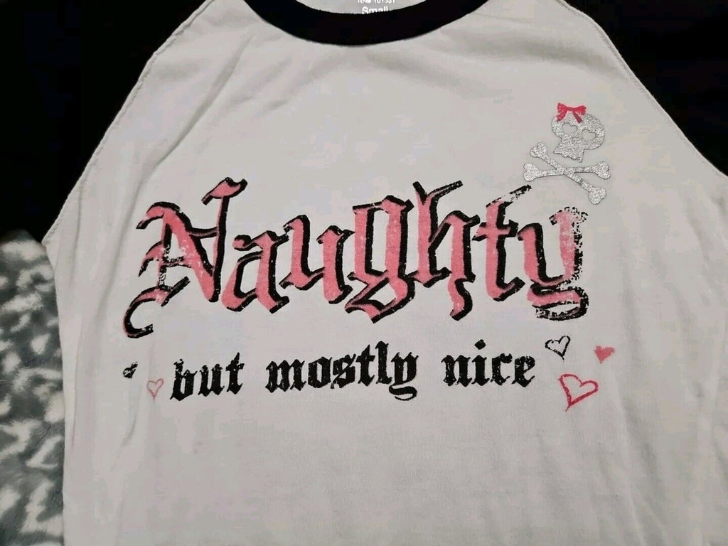 Goth Naughty But Mostly Nice W Silver Skull 3/4 Sleeve Color Block Shirt M
