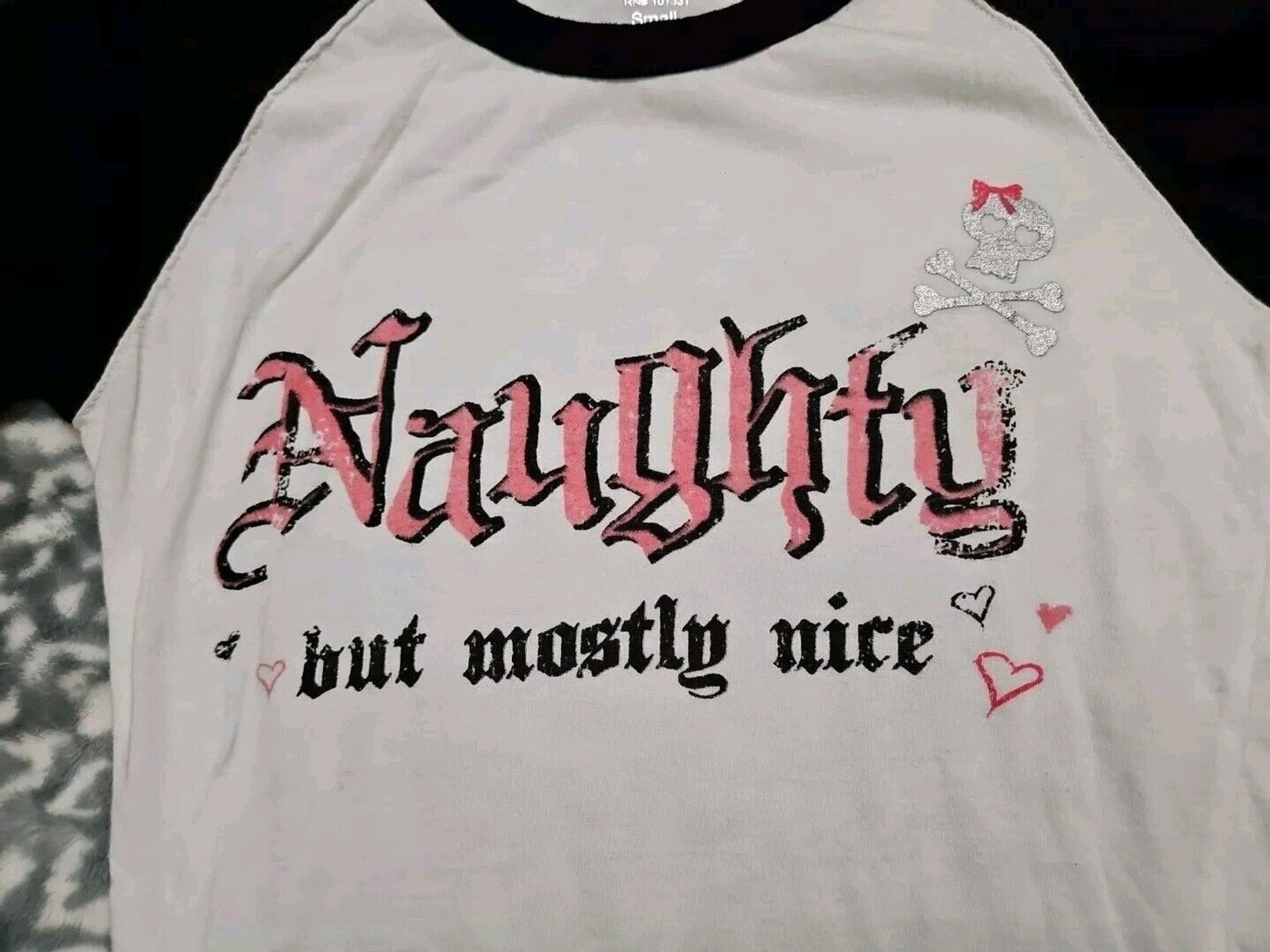 Goth Naughty But Mostly Nice W Silver Skull 3/4 Sleeve Color Block Shirt M
