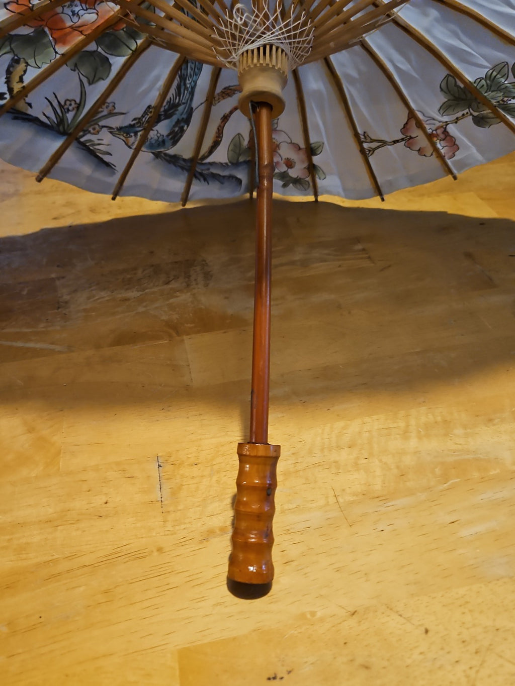 Vintage Asian Japanese Hand Painted Parasol Umbrella 21" White Floral EUC