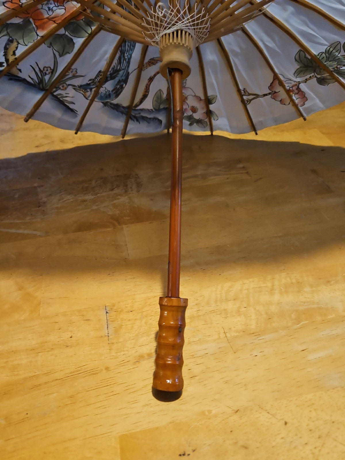 Vintage Asian Japanese Hand Painted Parasol Umbrella 21" White Floral EUC