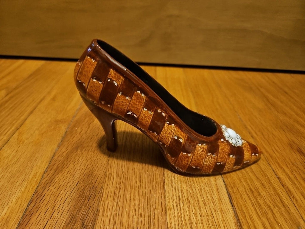 Vintage Two Tone Brown Porcelain Patchwork Women's High Heel Shoe Jewelry Holder
