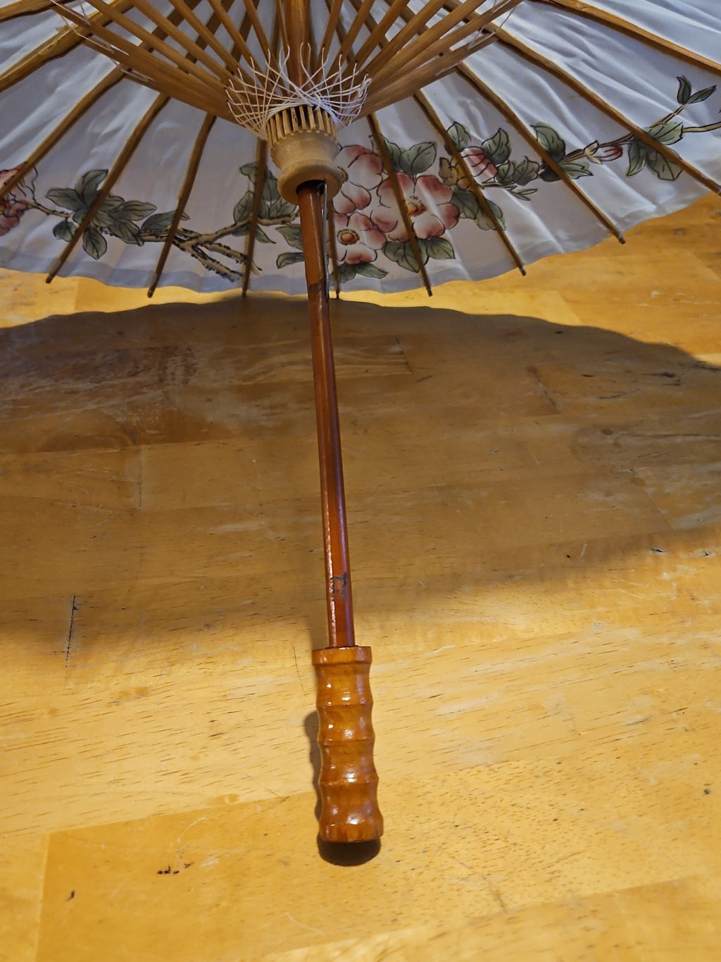 Vintage Asian Japanese Hand Painted Parasol Umbrella 21" White Floral EUC