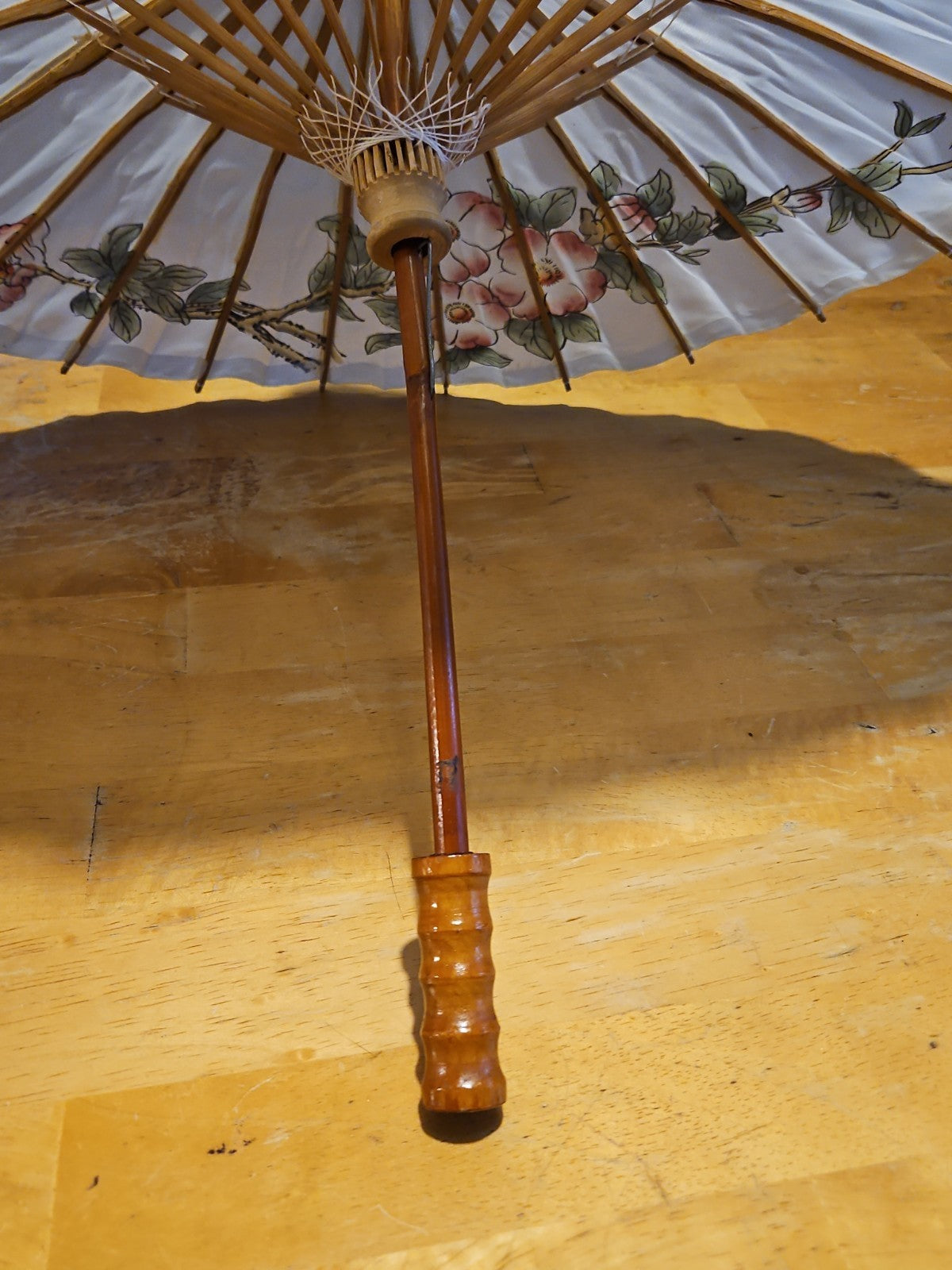 Vintage Asian Japanese Hand Painted Parasol Umbrella 21" White Floral EUC