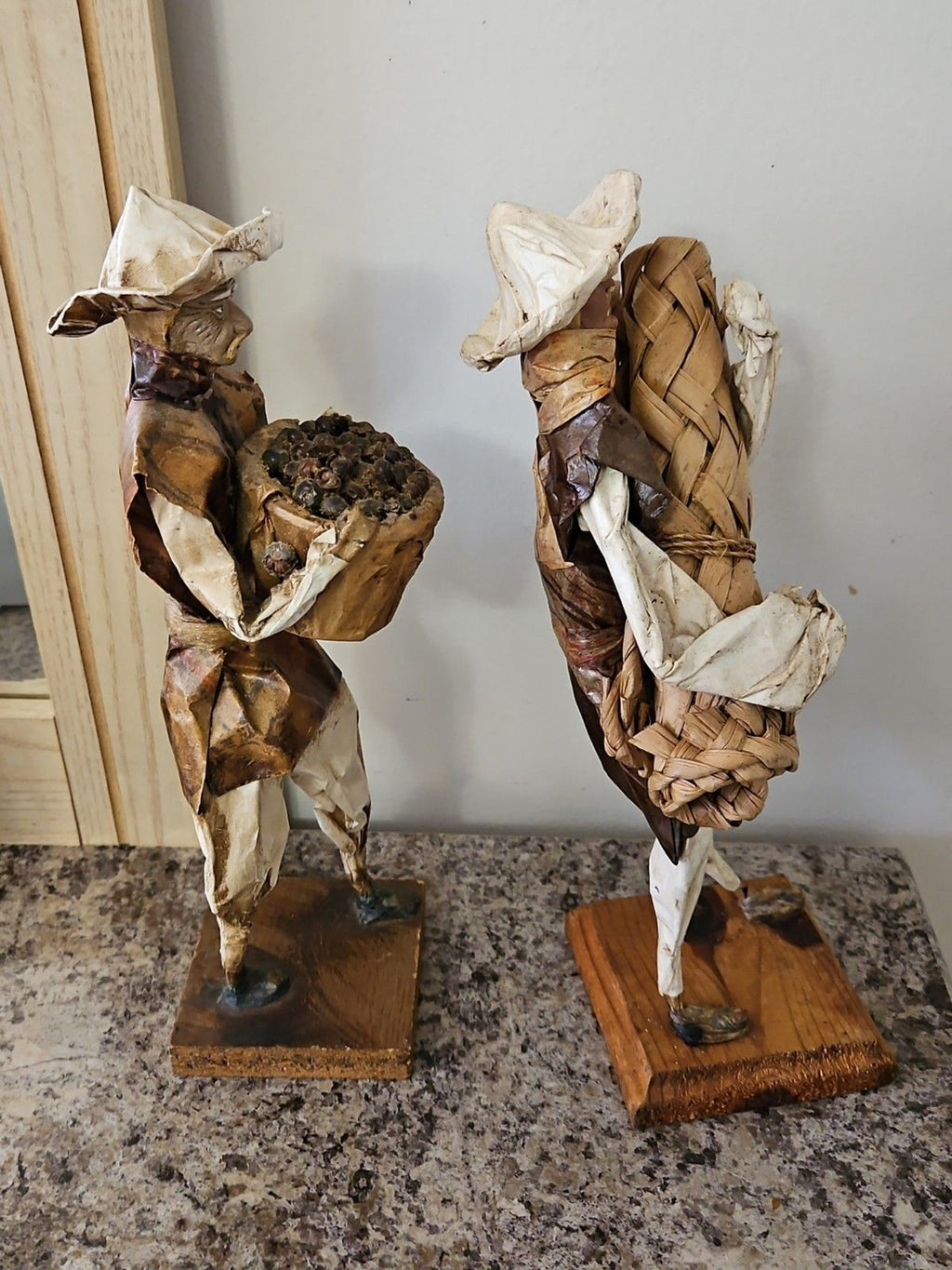 Set of 2 Vintage Paper Mache Mexican Folk Art Sculptures Farmers With Harvest