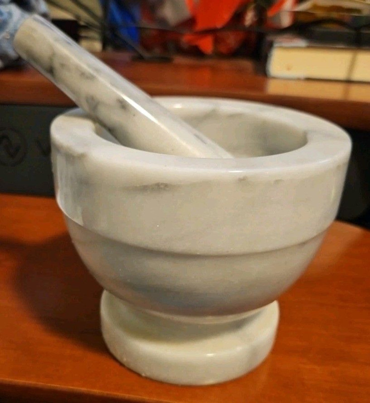 Elegant Vintage 90's White & Grey Marble Mortar & Pestle 5" X 4.25"