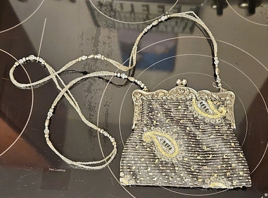 Vintage Christiana Art Nouveau Black Beaded Clutch Purse Silver Floral Detail