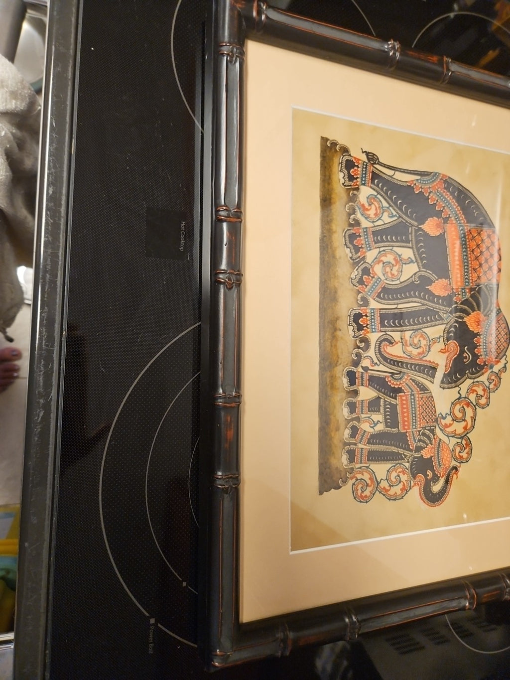 Framed Hand Carved Thai Elephant Hammered Painted Leather Nang Taloong 19.5"x16"