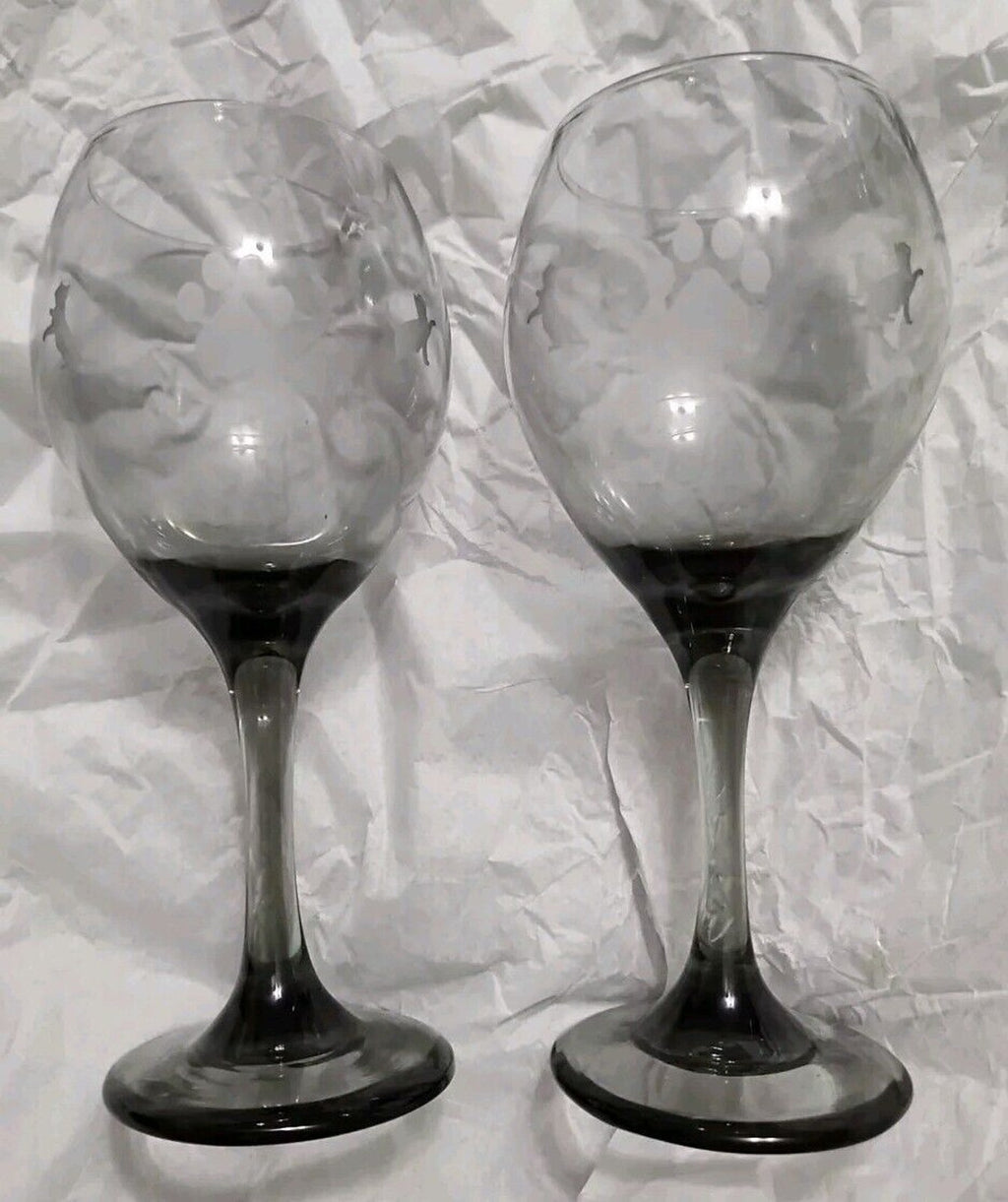 Smoke Gray Wine Glass Set Of 2 With Cat & Pawprint Etching 8”