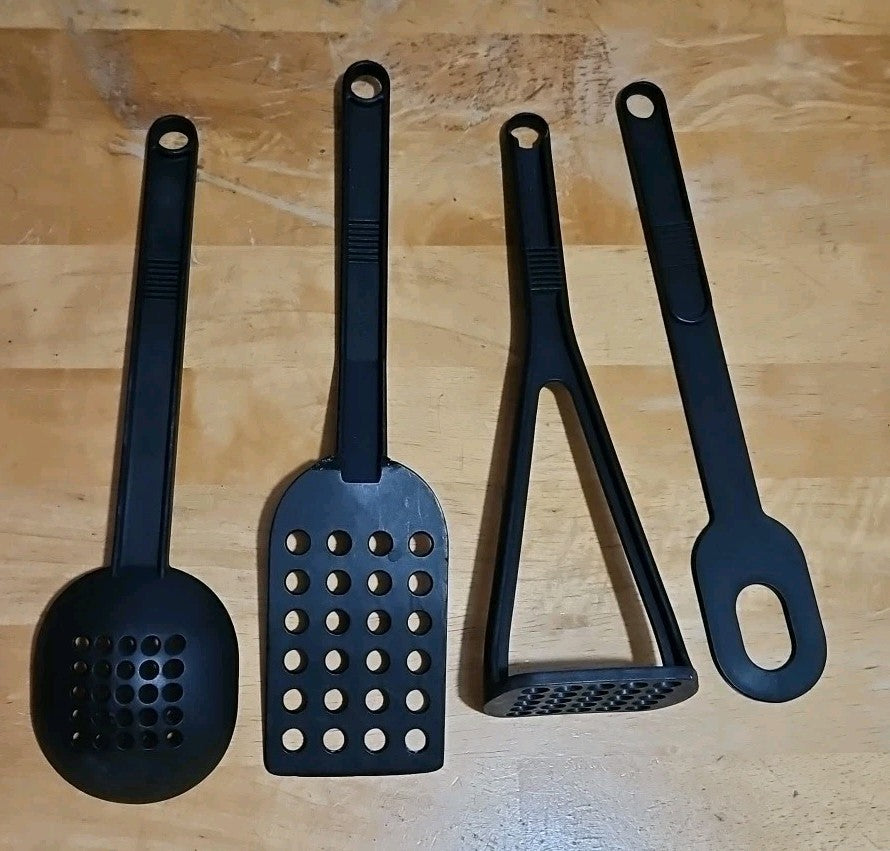 Set Of 4 Vintage T-Fal Black Nylon Kitchen Tools Flipper, Masher, Spoon, Spatula