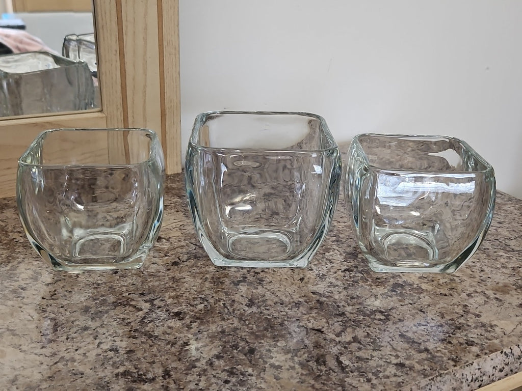 Set Of 3 Clear Glass Curved Tapered Square Candle Holders 3.75" & 4.5"