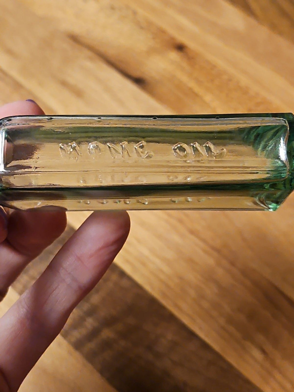 Antique 1890's Clear Blown Glass Home Oil Bottle Green Tint Sample Size 4.25"