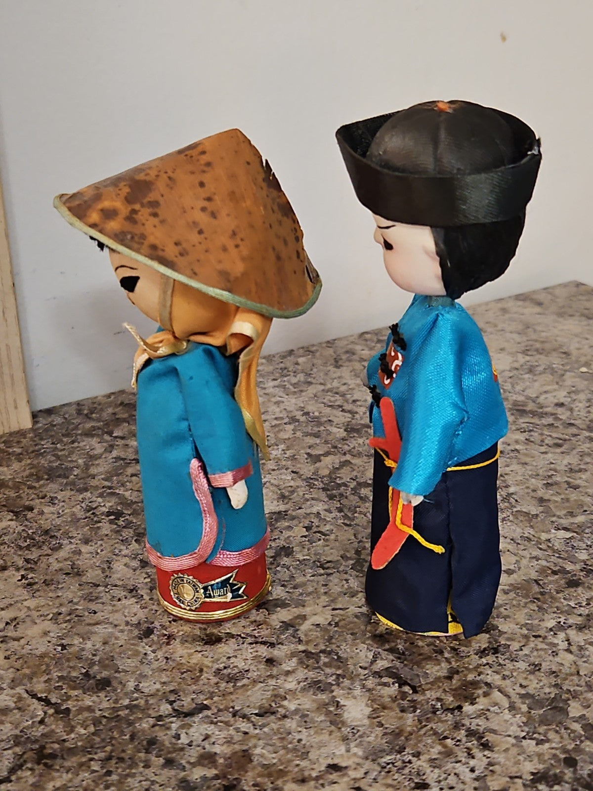 Set Of 2 Vintage Taiwan Free China Dolls Asian Folk Art Peasant Woman & Warrior